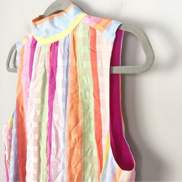 MARIE OLIVER | Striped Multicolor Silk High Neck Drop Waist Dress Women’s Small - Picture 2 of 9